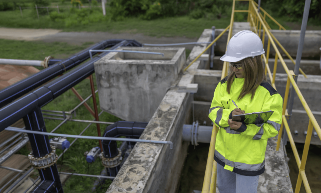 Engenheira com prancheta ao lado de canos analisa o consumo de água no canteiro de obras.