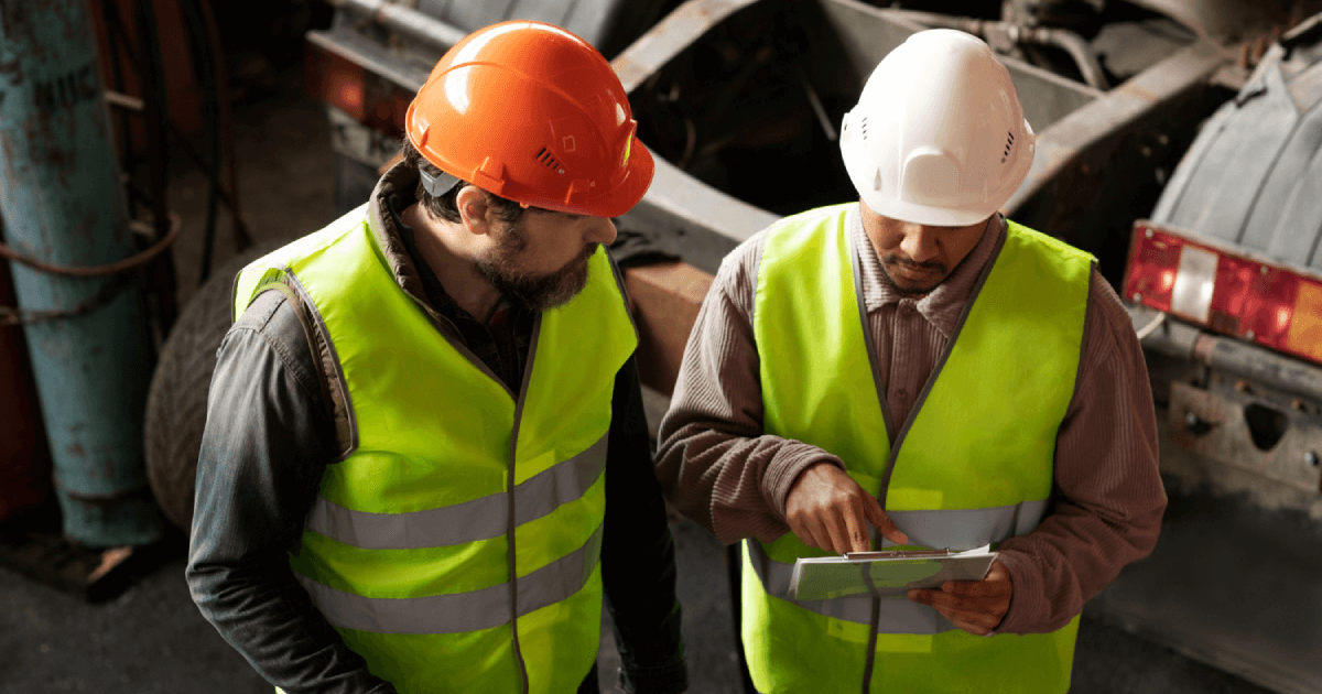 Profissionais da construção civil em canteiro d eobras fazem relatório de inspeção de segurança do trabalho em prancha.